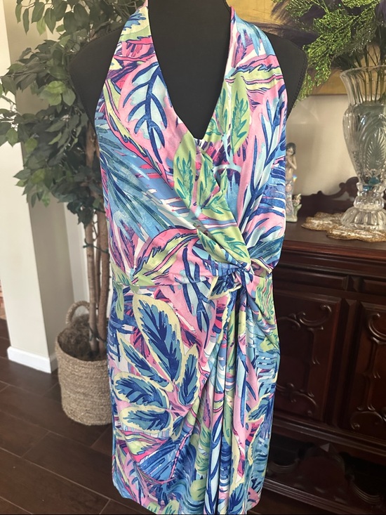 Tommy Bahama Dresses & Skirts - Tommy Bahama Blue Pink Green Tropical Halter Backless Wrap Dress